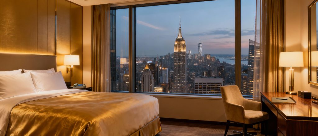 Luxury hotel room in New York City with stunning view of the Empire State Building and Manhattan skyline at dusk.